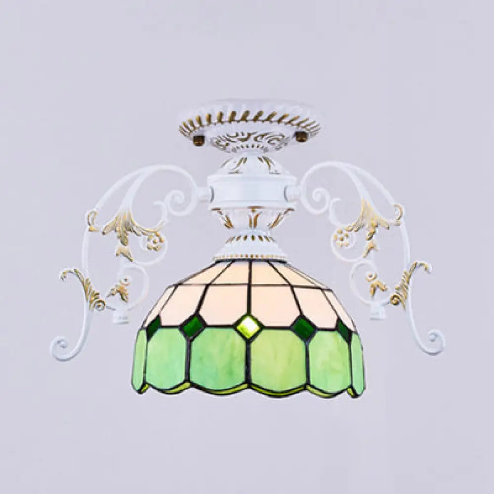 Domed Semi Flush Grid Stained Glass Ceiling Light - Black/White White / C