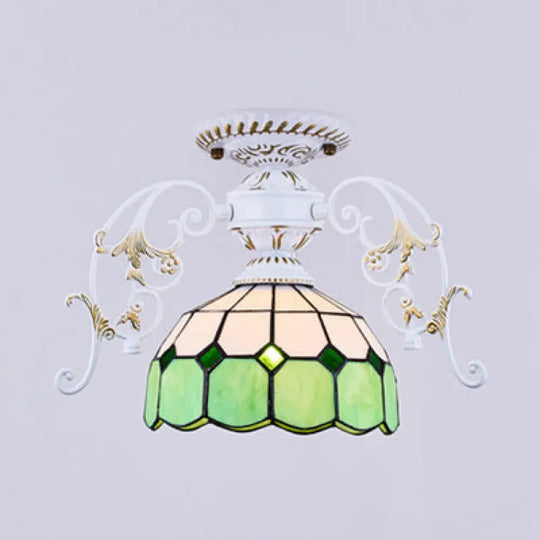 Domed Semi Flush Grid Stained Glass Ceiling Light - Black/White White / C