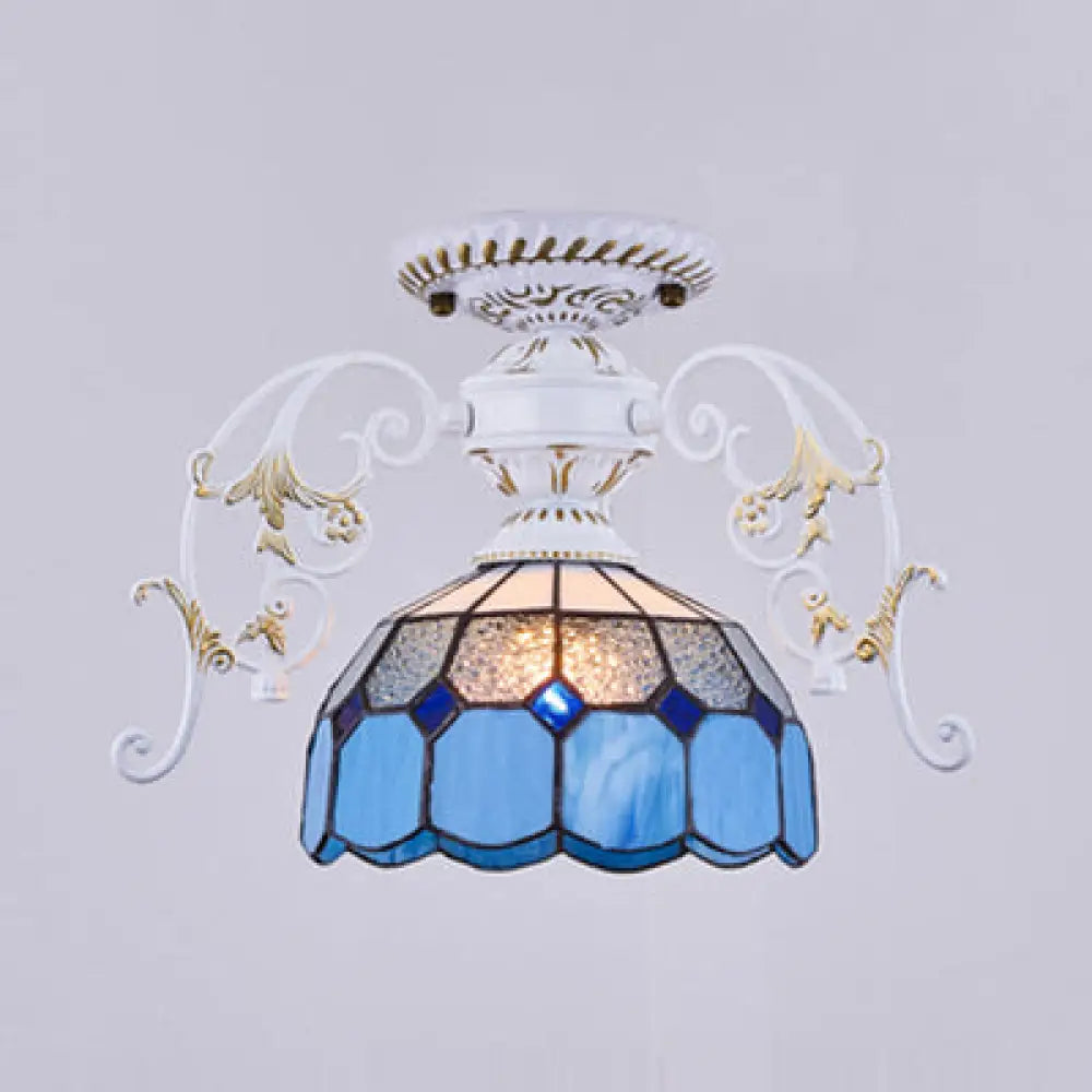 Domed Semi Flush Grid Stained Glass Ceiling Light - Black/White White / D