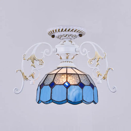 Domed Semi Flush Grid Stained Glass Ceiling Light - Black/White White / D