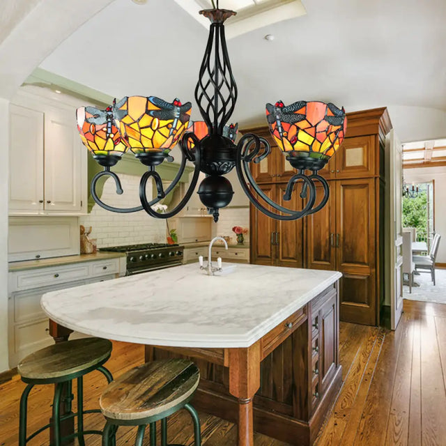Dragonfly 5-Light Stained Glass Chandelier: Rustic Pendant Lamp For Bedroom Orange