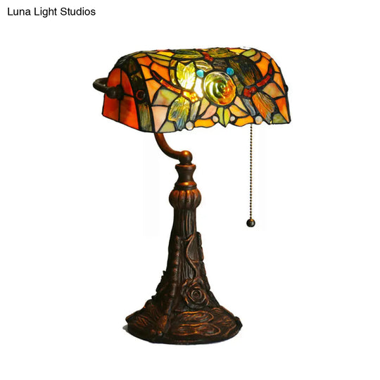 Dragonfly And Flower Cut Glass Tiffany Style Nightstand Lamp - 1-Light Yellow Pull Chain