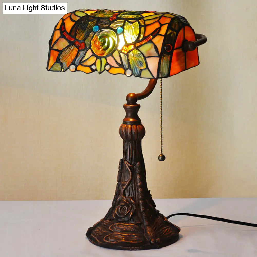 Dragonfly And Flower Cut Glass Tiffany Style Nightstand Lamp - 1-Light Yellow Pull Chain