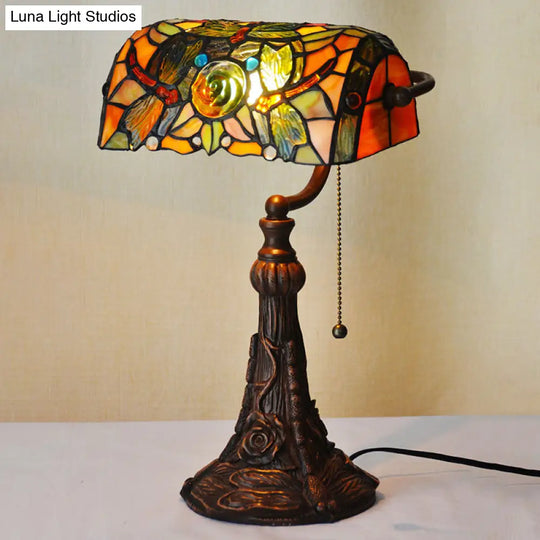 Dragonfly And Flower Cut Glass Tiffany Style Nightstand Lamp - 1-Light Yellow Pull Chain