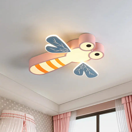Dragonfly Bedroom Flushmount Light: Acrylic Led Cartoon Ceiling Lamp In Pink/Yellow Pink