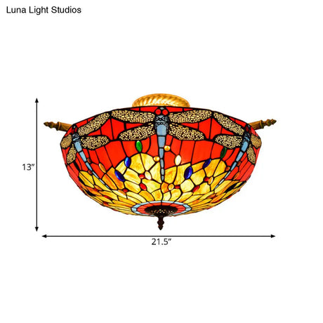 Dragonfly Ceiling Tiffany Brass Stained Glass Flush Mount Light - 5 Lights 21.5’/25.5’ Width