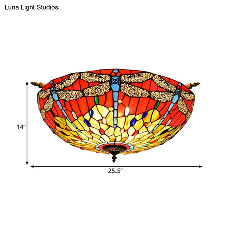 Dragonfly Ceiling Tiffany Brass Stained Glass Flush Mount Light - 5 Lights 21.5’/25.5’ Width