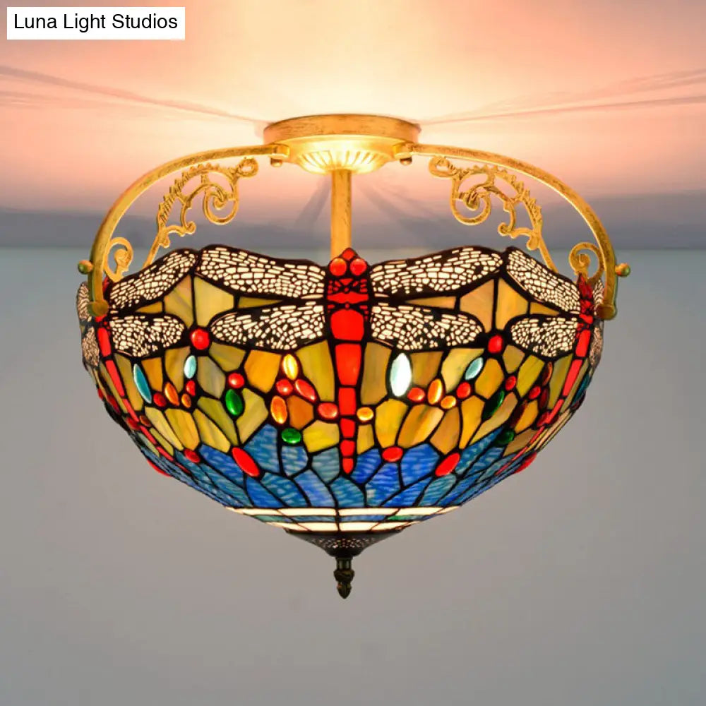 Dragonfly Cut Glass Semi Flush Mount Ceiling Light Fixture - Mediterranean Style 3 Lights