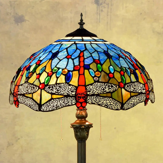 Dragonfly Stained Art Glass Tiffany Floor Lamp - 2 Heads Blue With Pull Chain