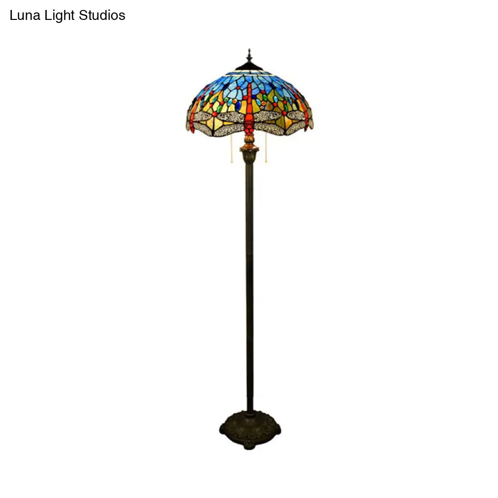 Dragonfly Stained Art Glass Tiffany Floor Lamp - 2 Heads Blue With Pull Chain