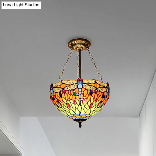Dragonfly Stained Glass Ceiling Light - Rustic Tiffany Inverted Semi Flush Lamp (12/16 Wide Orange)