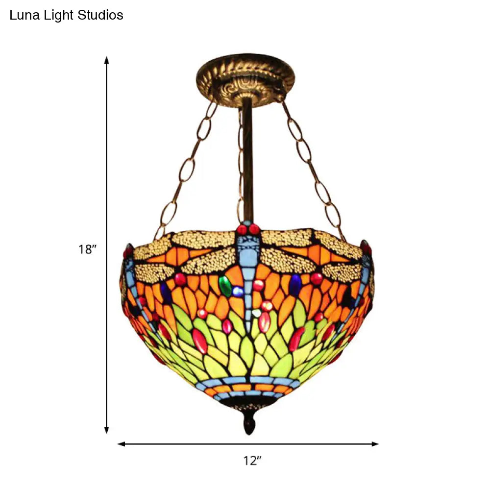 Dragonfly Stained Glass Ceiling Light - Rustic Tiffany Inverted Semi Flush Lamp (12/16 Wide Orange)