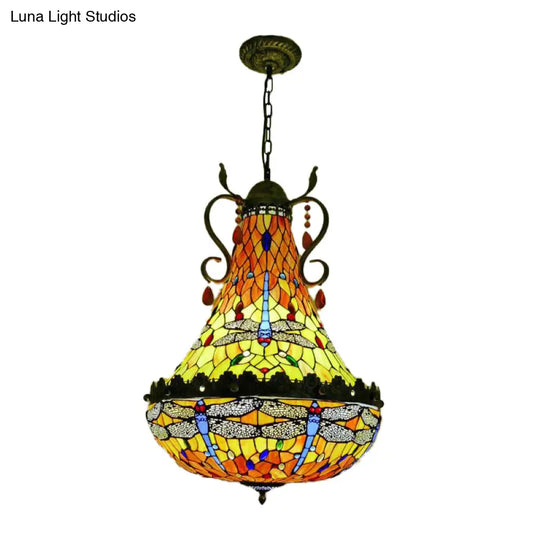 Dragonfly Stained Glass Chandelier 6/8 Lights Antique Brass Finish