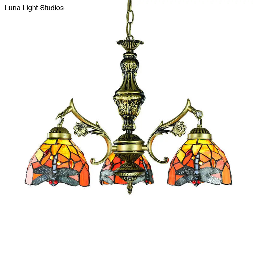 Lodge Dragonfly Stained Glass Chandelier Light 3-Light Pendant For Dining Room