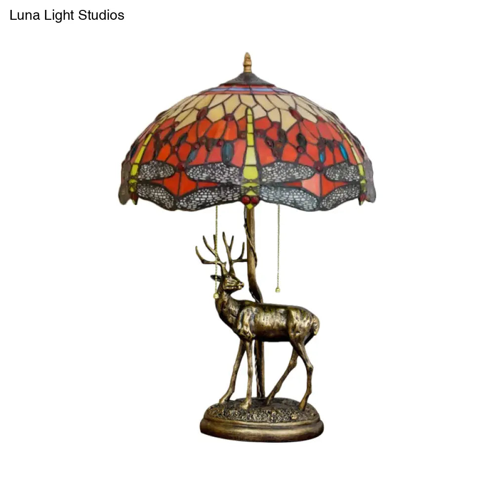 Dragonfly Stained Glass Night Light Mediterranean Style 2-Bulb Table Lamp | Pull Chain & Elk Decor