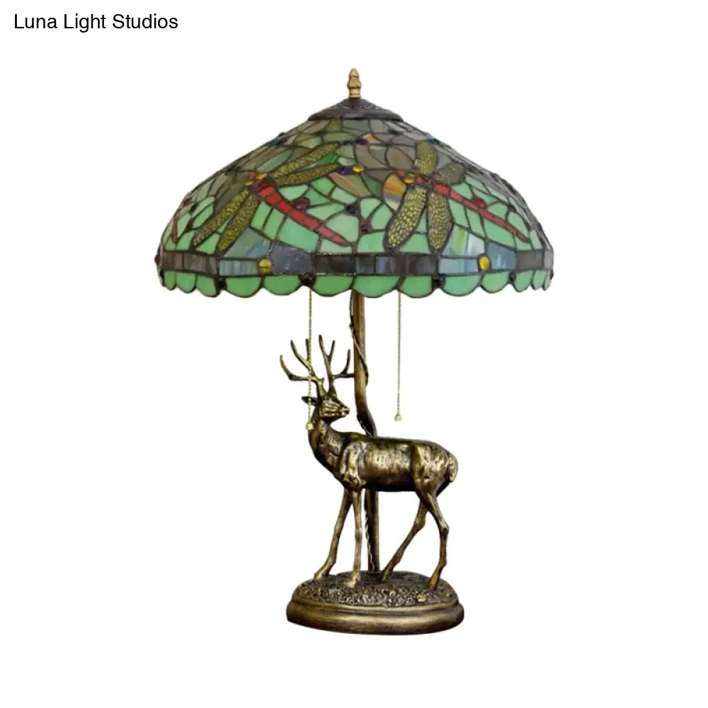 Dragonfly Stained Glass Night Light Mediterranean Style 2-Bulb Table Lamp | Pull Chain & Elk Decor