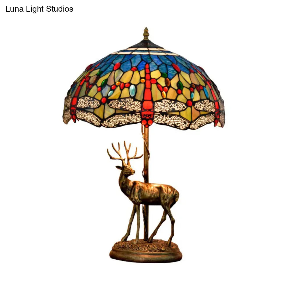 Dragonfly Stained Glass Night Light Mediterranean Style 2-Bulb Table Lamp | Pull Chain & Elk Decor