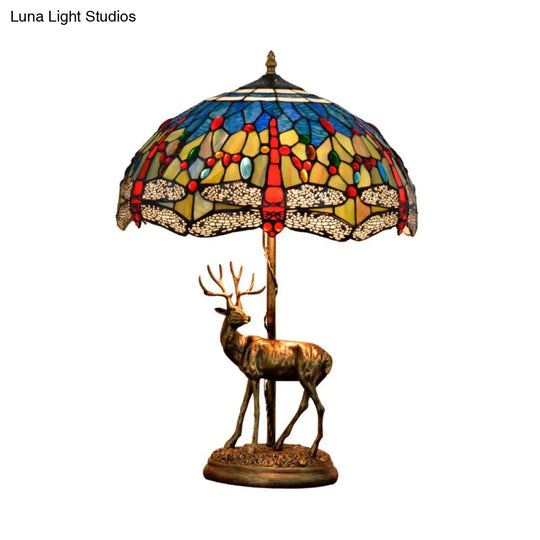 Dragonfly Stained Glass Night Light Mediterranean Style 2-Bulb Table Lamp | Pull Chain & Elk Decor