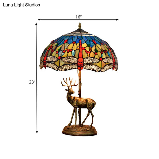 Dragonfly Stained Glass Night Light Mediterranean Style 2-Bulb Table Lamp | Pull Chain & Elk Decor