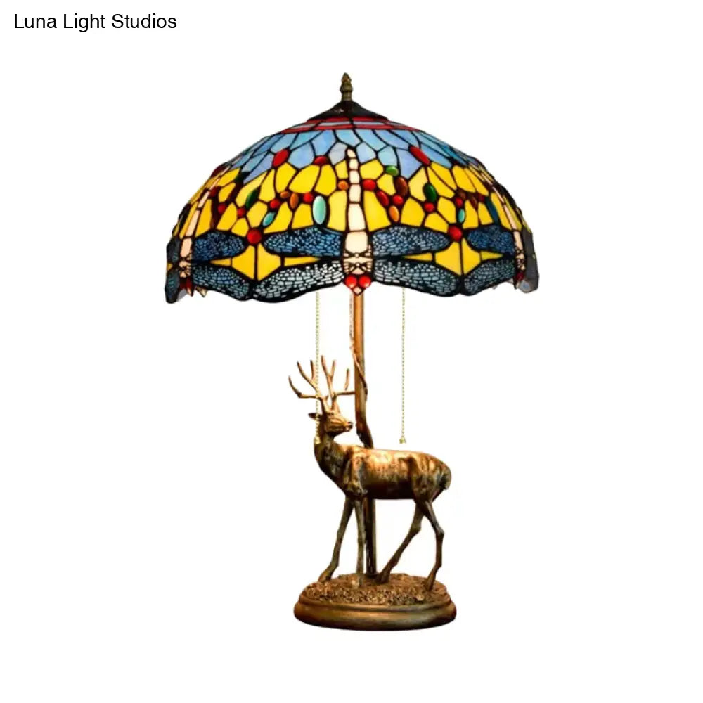 Dragonfly Stained Glass Night Light Mediterranean Style 2-Bulb Table Lamp | Pull Chain & Elk Decor