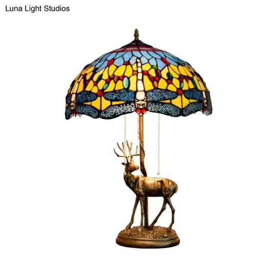 Dragonfly Stained Glass Night Light Mediterranean Style 2-Bulb Table Lamp | Pull Chain & Elk Decor