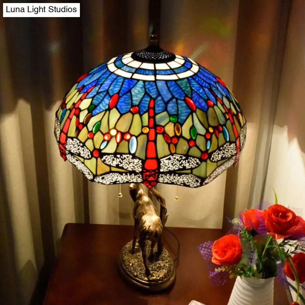 Dragonfly Stained Glass Night Light Mediterranean Style 2-Bulb Table Lamp | Pull Chain & Elk Decor