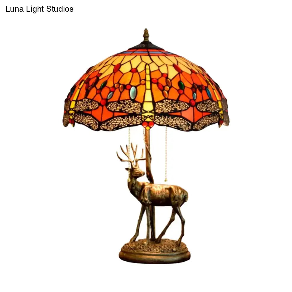 Dragonfly Stained Glass Night Light Mediterranean Style 2-Bulb Table Lamp | Pull Chain & Elk Decor