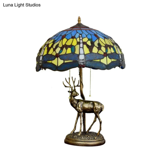 Dragonfly Stained Glass Night Light Mediterranean Style 2-Bulb Table Lamp | Pull Chain & Elk Decor
