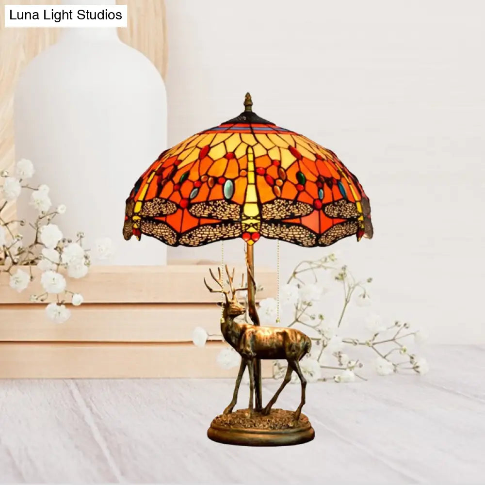 Dragonfly Stained Glass Night Light Mediterranean Style 2-Bulb Table Lamp | Pull Chain & Elk Decor