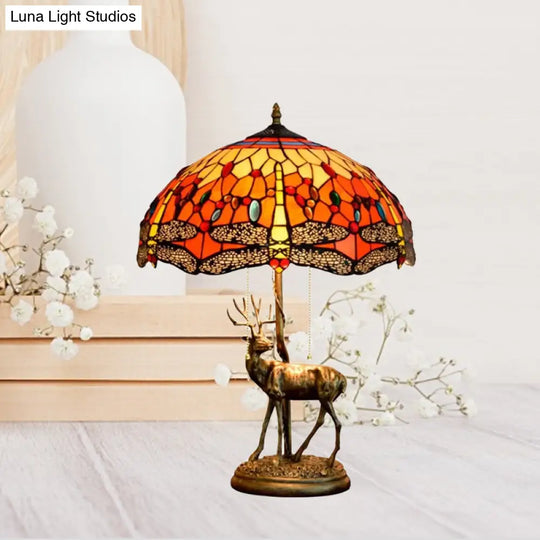 Dragonfly Stained Glass Night Light Mediterranean Style 2-Bulb Table Lamp | Pull Chain & Elk Decor