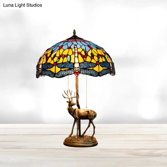Dragonfly Stained Glass Night Light Mediterranean Style 2-Bulb Table Lamp | Pull Chain & Elk Decor
