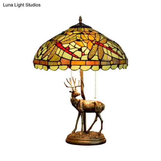 Dragonfly Stained Glass Night Light Mediterranean Style 2-Bulb Table Lamp | Pull Chain & Elk Decor