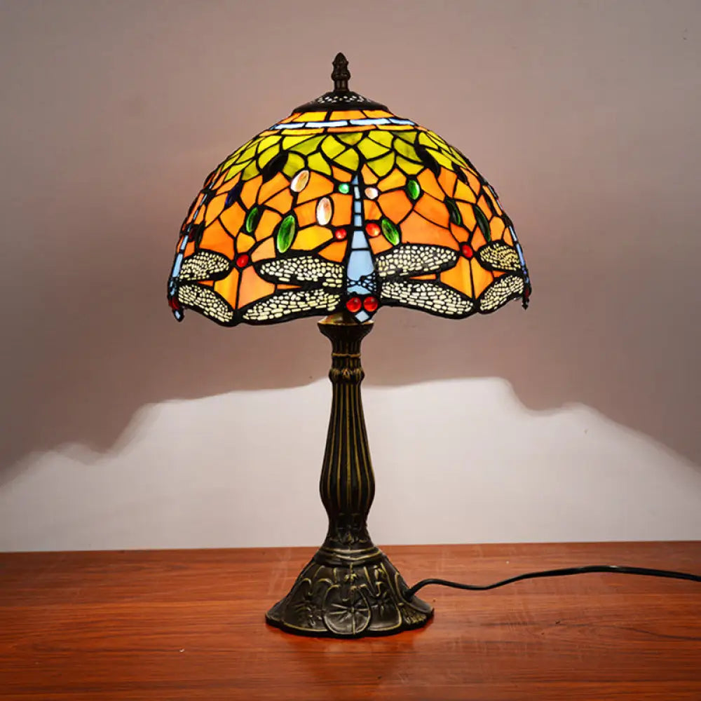 Dragonfly Stained Glass Tiffany Night Lamp - Elegant 1-Head Table Light In White/Yellow/Orange For