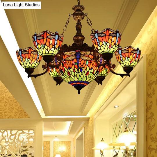 Dragonfly Hanging Pendant Chandeliers With Stained Glass Shade - Tiffany Style Living Room Decor