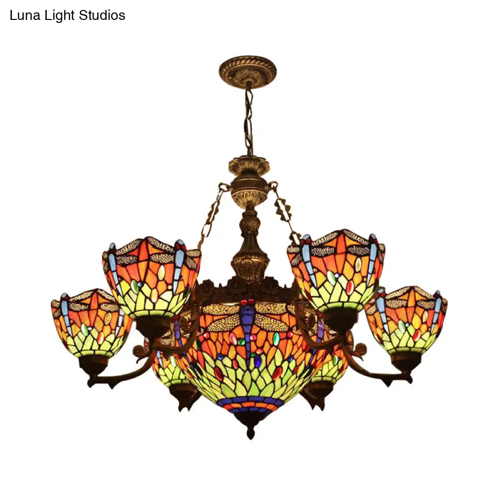 Dragonfly Hanging Pendant Chandeliers With Stained Glass Shade - Tiffany Style Living Room Decor