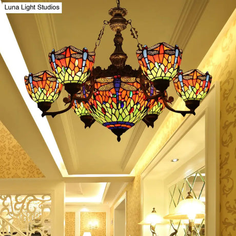 Dragonfly Tiffany Style Chandelier With Stained Glass Shade For Living Room