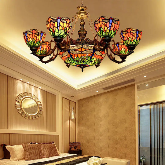 Dragonfly Tiffany Style Chandelier With Stained Glass Shade For Living Room 9 / Orange