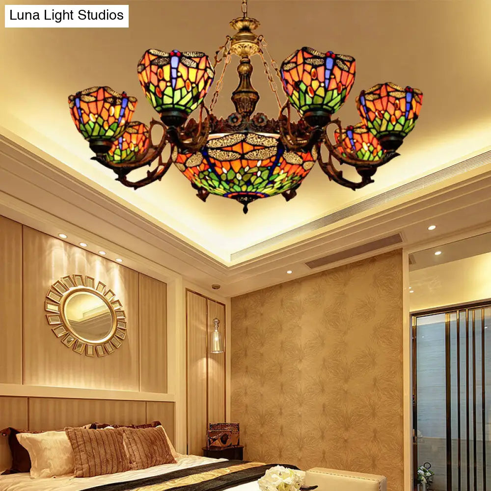 Dragonfly Tiffany Style Chandelier With Stained Glass Shade For Living Room 9 / Orange