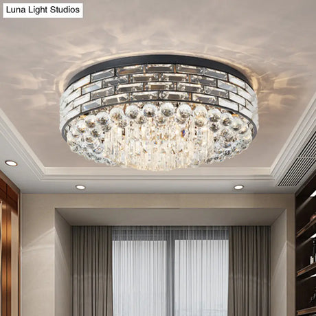 Drum Ceiling Mount Light Modern Black Canopy With Clear Crystal Draping 7/9 Bulbs Flushmount