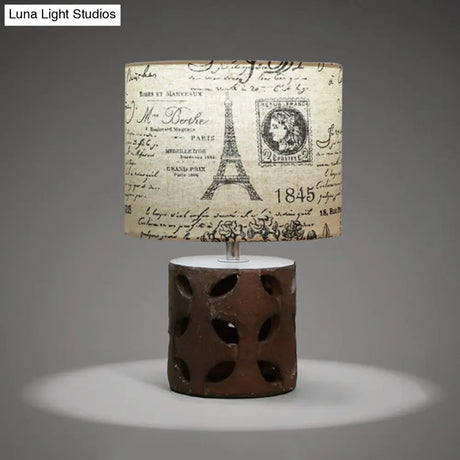 Drum Living Room Table Light: Country Fabric 1-Light Beige Script Print Desk Lamp With Resin Etched