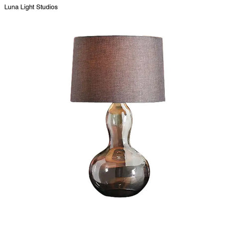 Drum Shade Nightstand Light - Countryside Brown Fabric Lamp With Smoke Glass Gourd Base