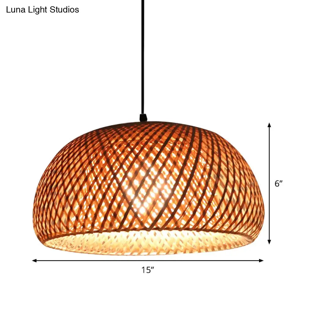 Dual Dome Bamboo Hanging Light - 12/15 Wide Pendant Lamp Beige Shade Asian-Inspired Parlor Lighting