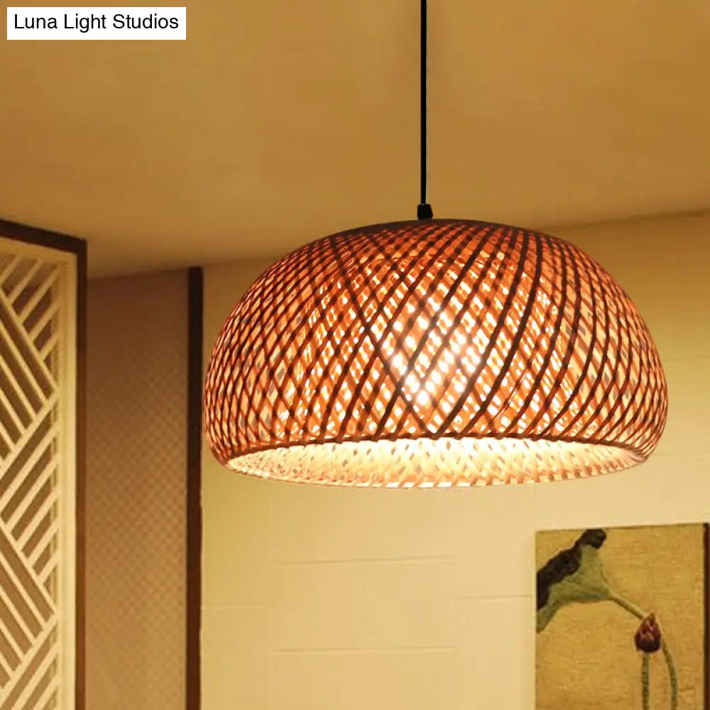 Dual Dome Bamboo Hanging Light - 12/15 Wide Pendant Lamp Beige Shade Asian-Inspired Parlor Lighting
