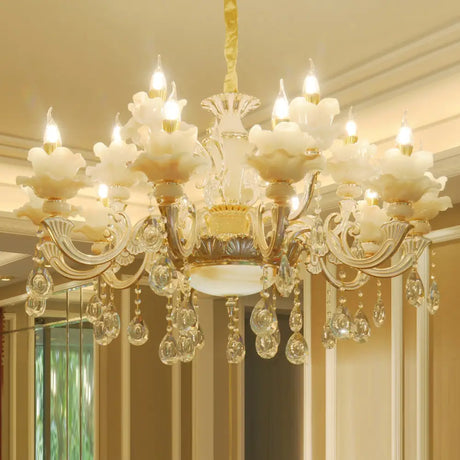 Elegant Gold Floral Ruffle Ceiling Lighting: Traditional Jade Chandelier With Crystal Draping For