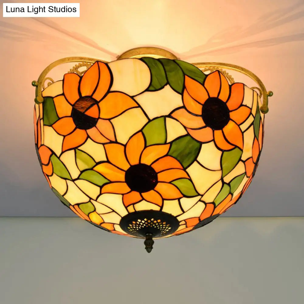 Elegant Mediterranean Cut Glass Rose Semi Flush Lighting - 3 - Light Beige/Pink/Orange Ceiling