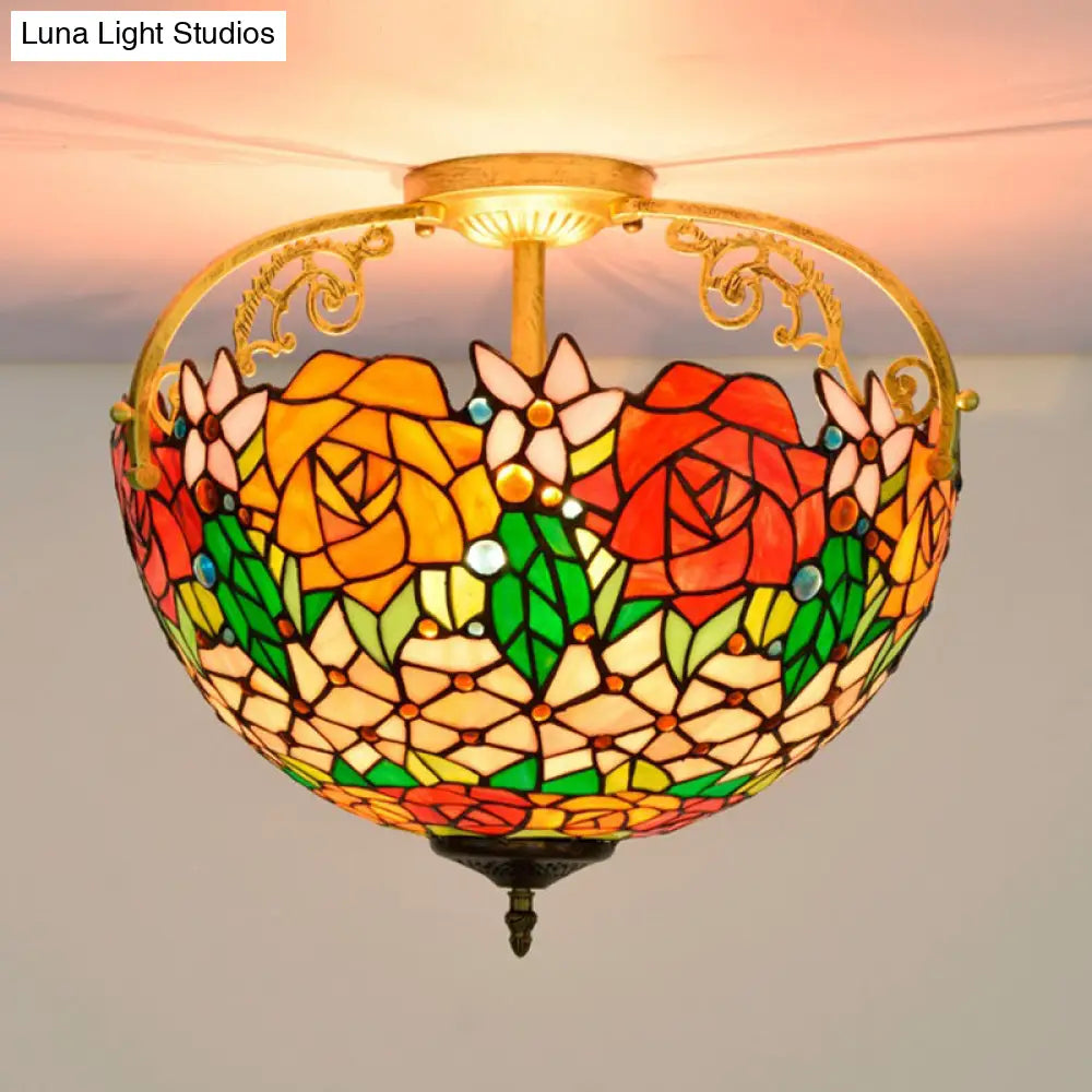 Mediterranean Semi-Flush Ceiling Light With Cut Glass Rose Design And 3 Beige/Pink/Orange Lights