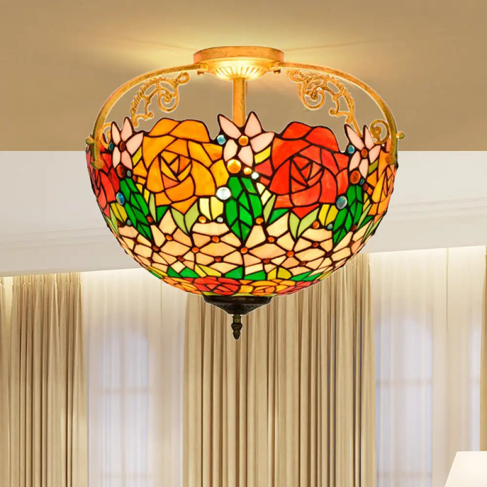 Elegant Mediterranean Cut Glass Rose Semi Flush Lighting - 3 - Light Beige/Pink/Orange Ceiling