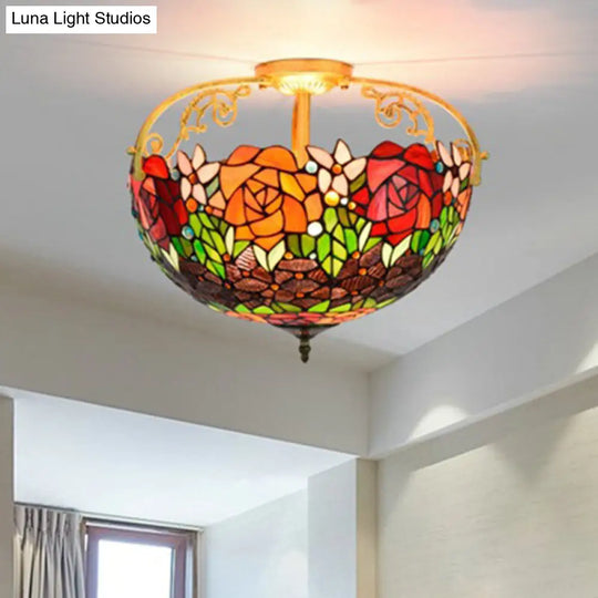 Mediterranean Semi-Flush Ceiling Light With Cut Glass Rose Design And 3 Beige/Pink/Orange Lights