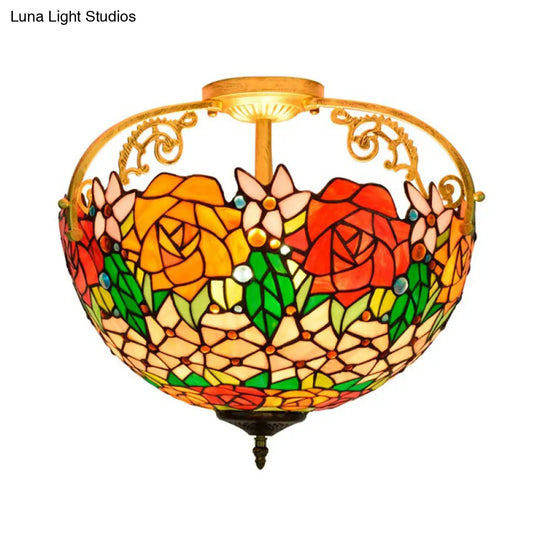 Mediterranean Semi-Flush Ceiling Light With Cut Glass Rose Design And 3 Beige/Pink/Orange Lights