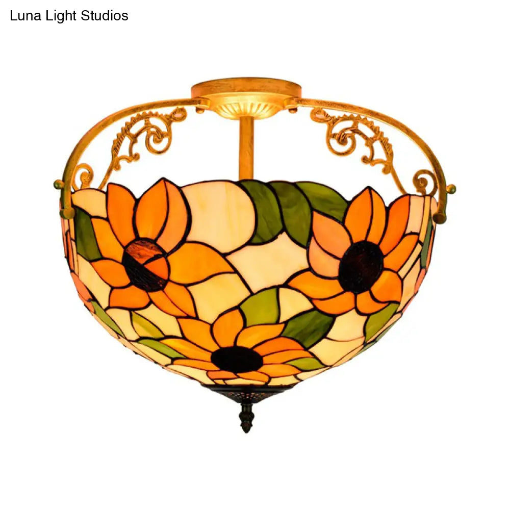 Elegant Mediterranean Cut Glass Rose Semi Flush Lighting - 3 - Light Beige/Pink/Orange Ceiling